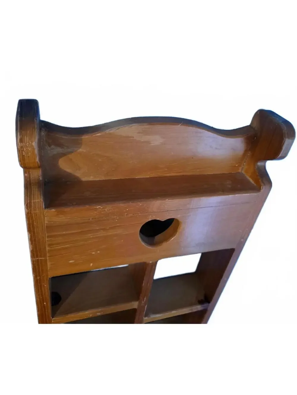 Vintage Pine Wood Wall Cubby Shelf Heart Cutout 5 Compartments Farmhouse